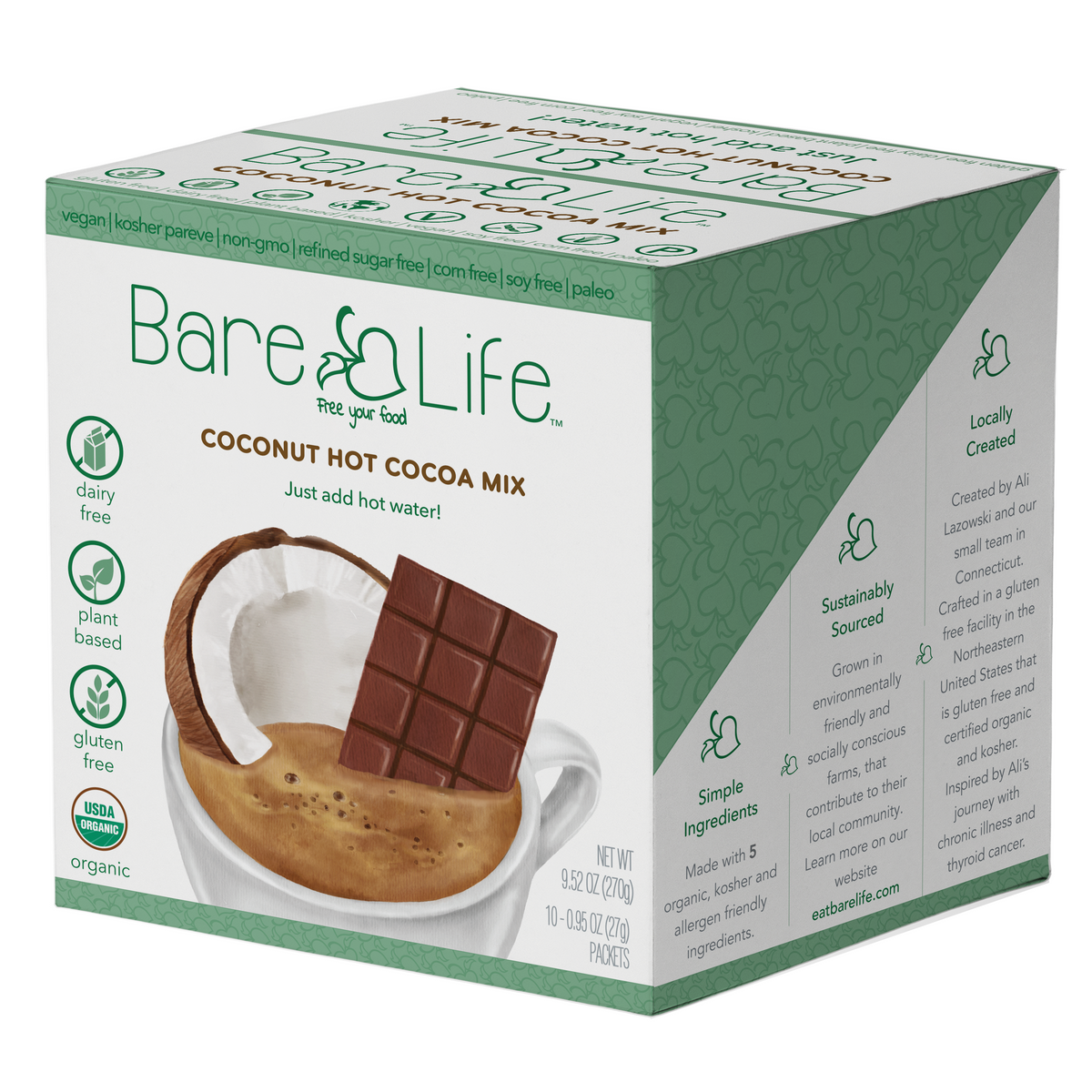 Instant Dairy Free Coconut Hot Cocoa Mix  | Single Serving 10 Pack |Gluten Free, Vegan and Organic
